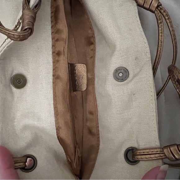 VIA SPIGA Draw String Purse Ramie Cotton Leather‎ Trim Beads Rhinestones Sequins - Picture 9 of 13